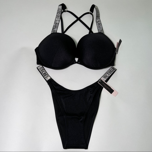 Victoria Secret 36DD L Bombshell Push Up Top Bikini Set Shine Strap LOGO Black - Picture 1 of 15